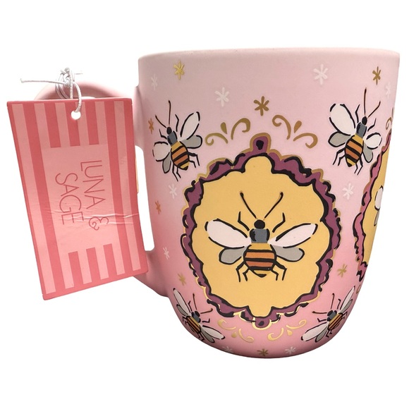 Luna & Sage NWT Set of 2 Beautiful Pink & Yellow 
Bumble Bee Soft Touch Mugs - Picture 2 of 7